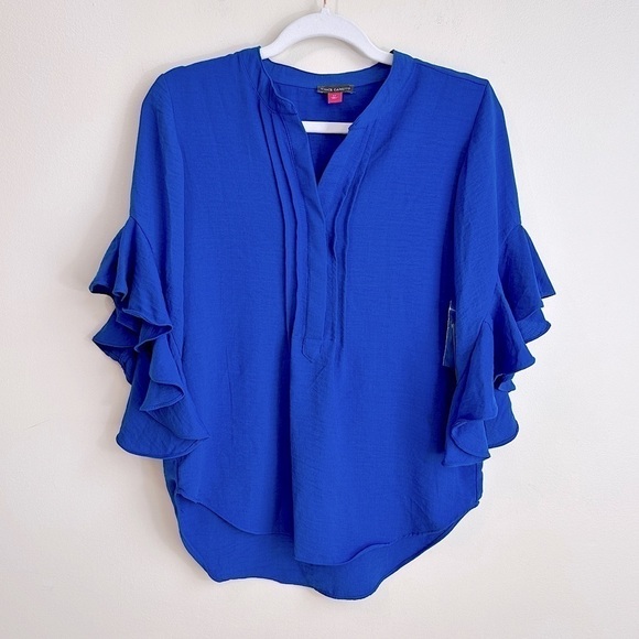 NWT Vince Camuto Split Neck Ruffle Sleeve Blouse Deep Azure Size XS - Picture 2 of 15
